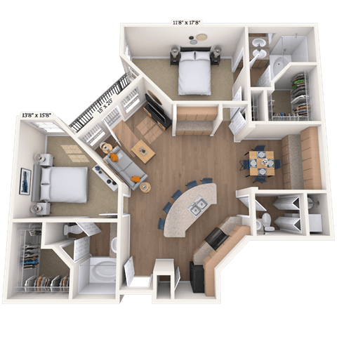 Floor plan for 2 beds, 2.5 baths, 1282 sqft