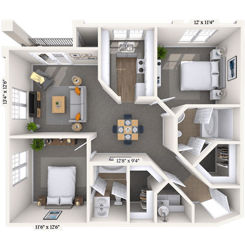 Floor plan for 2 beds, 2 baths, 978 sqft