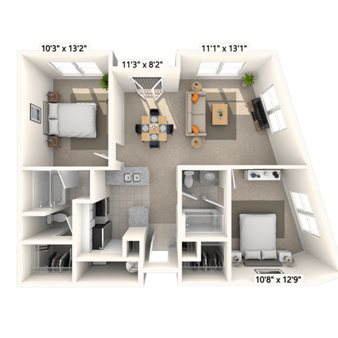 Floor plan for 2 beds, 2 baths, 969 sqft