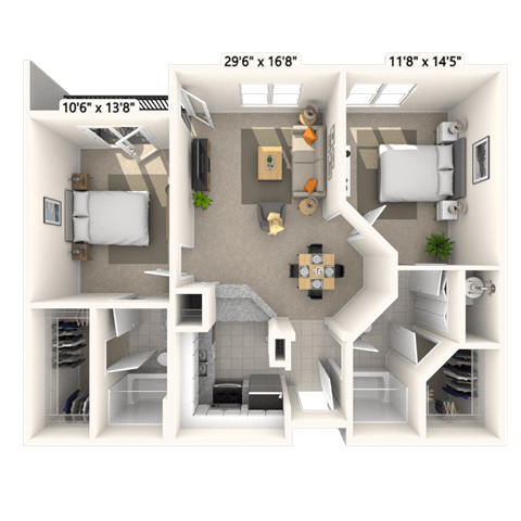 Floor plan for 2 beds, 2 baths, 975 sqft
