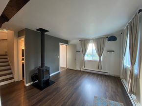 Sitka house for rent - A wood stove is in a living room with a blue rug.