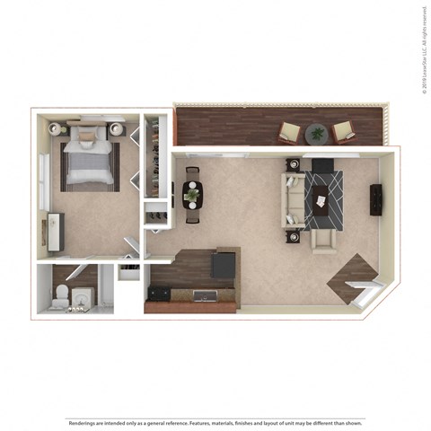 Floor plan for 1 bed, 1 bath, 630 sqft