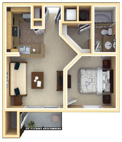 Floor plan for 1 bed, 1 bath, 636 sqft