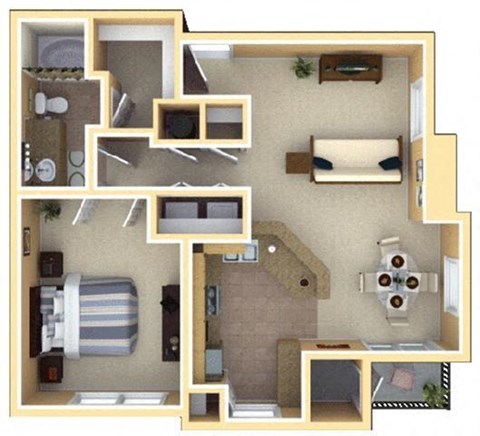 Floor plan for 1 bed, 1 bath, 851 sqft