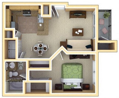 Floor plan for 1 bed, 1 bath, 693 sqft