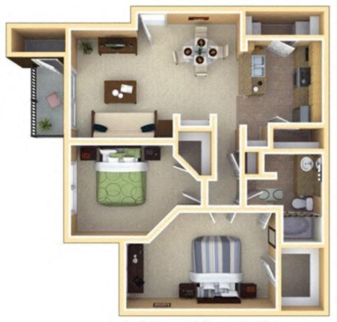 Floor plan for 2 beds, 1 bath, 1016 sqft