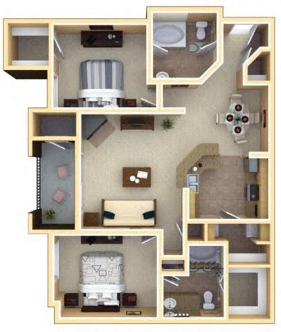Floor plan for 2 beds, 2 baths, 1214 sqft