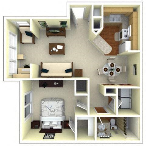 Floor plan for 1 bed, 1 bath, 839 sqft