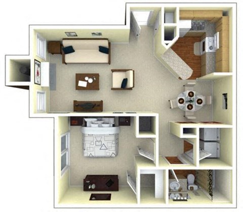 Floor plan for 1 bed, 1 bath, 857 sqft