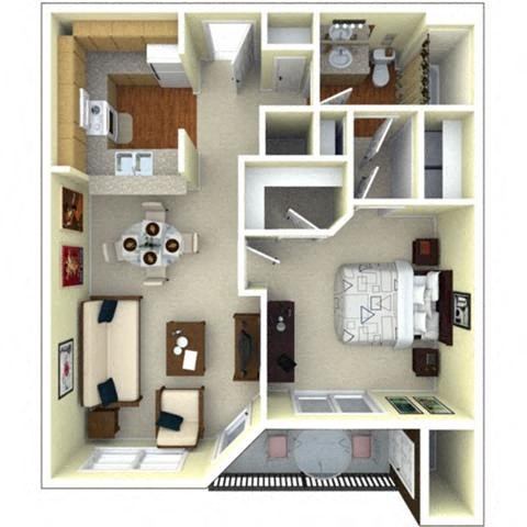 Floor plan for 1 bed, 1 bath, 735 sqft
