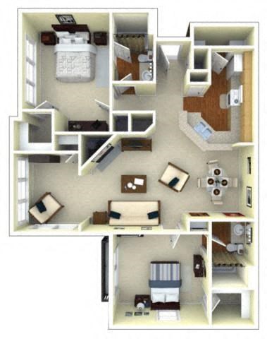 Floor plan for 2 beds, 2 baths, 1217 sqft