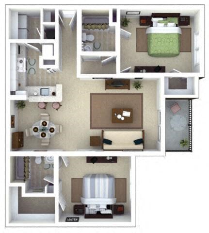 Floor plan for 2 beds, 2 baths, 1147 sqft