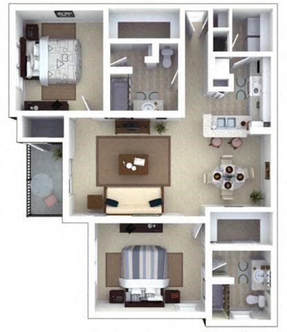 Floor plan for 2 beds, 2 baths, 1264 sqft