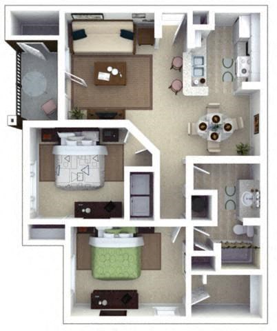 Floor plan for 1 bed, 1 bath, 986 sqft