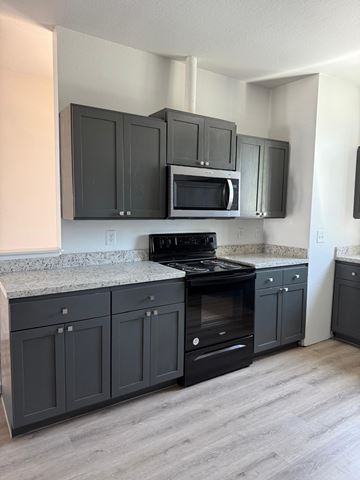 Laredo apartment for rent - A kitchen with black cabinets and a granite countertop.