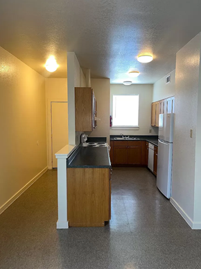 Laredo apartment for rent - A kitchen with a sink, refrigerator, and cabinets.