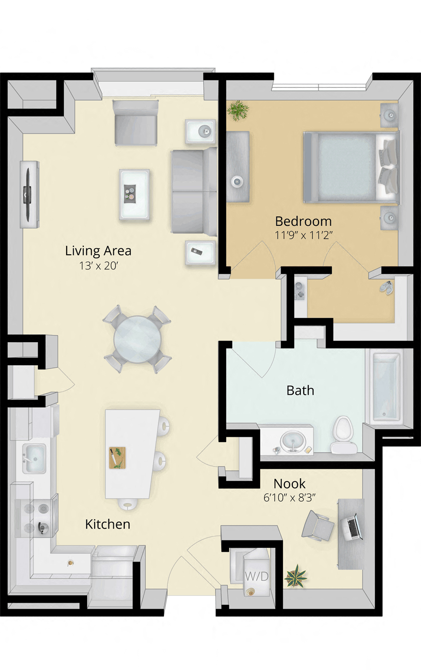Floor plan for 1 bed, 1 bath, 829 sqft