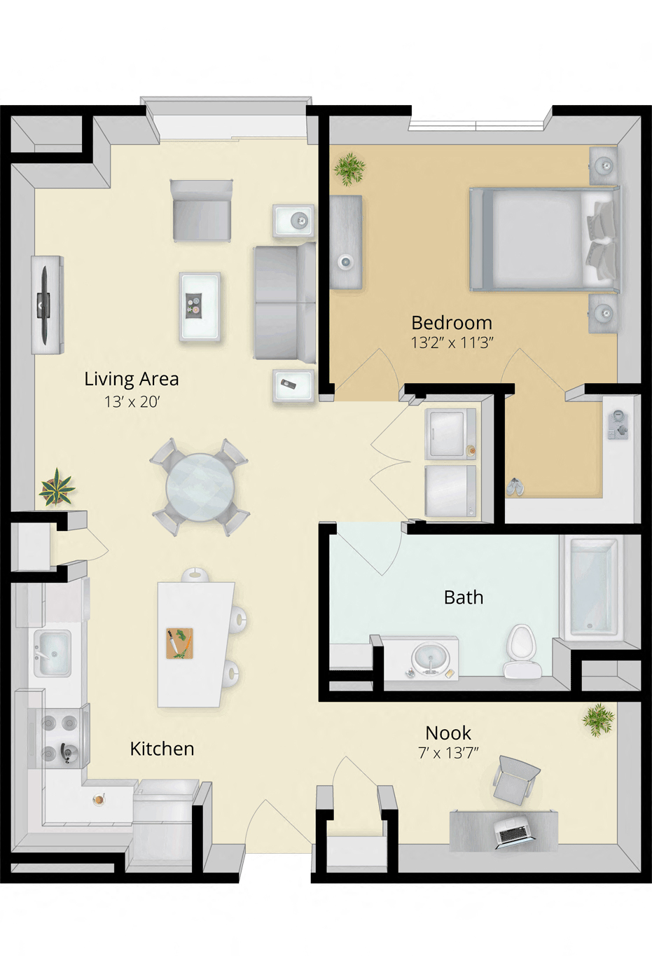 Floor plan for 1 bed, 1 bath, 905 sqft