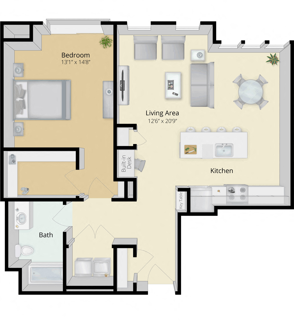 Floor plan for 1 bed, 1 bath, 1005 sqft
