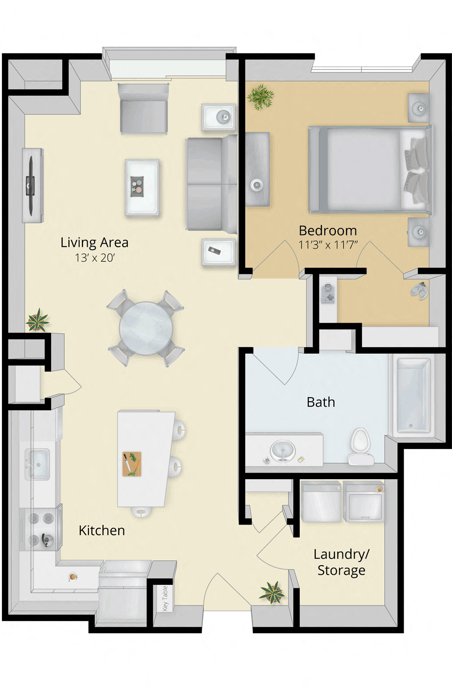 Floor plan for 1 bed, 1 bath, 814 sqft