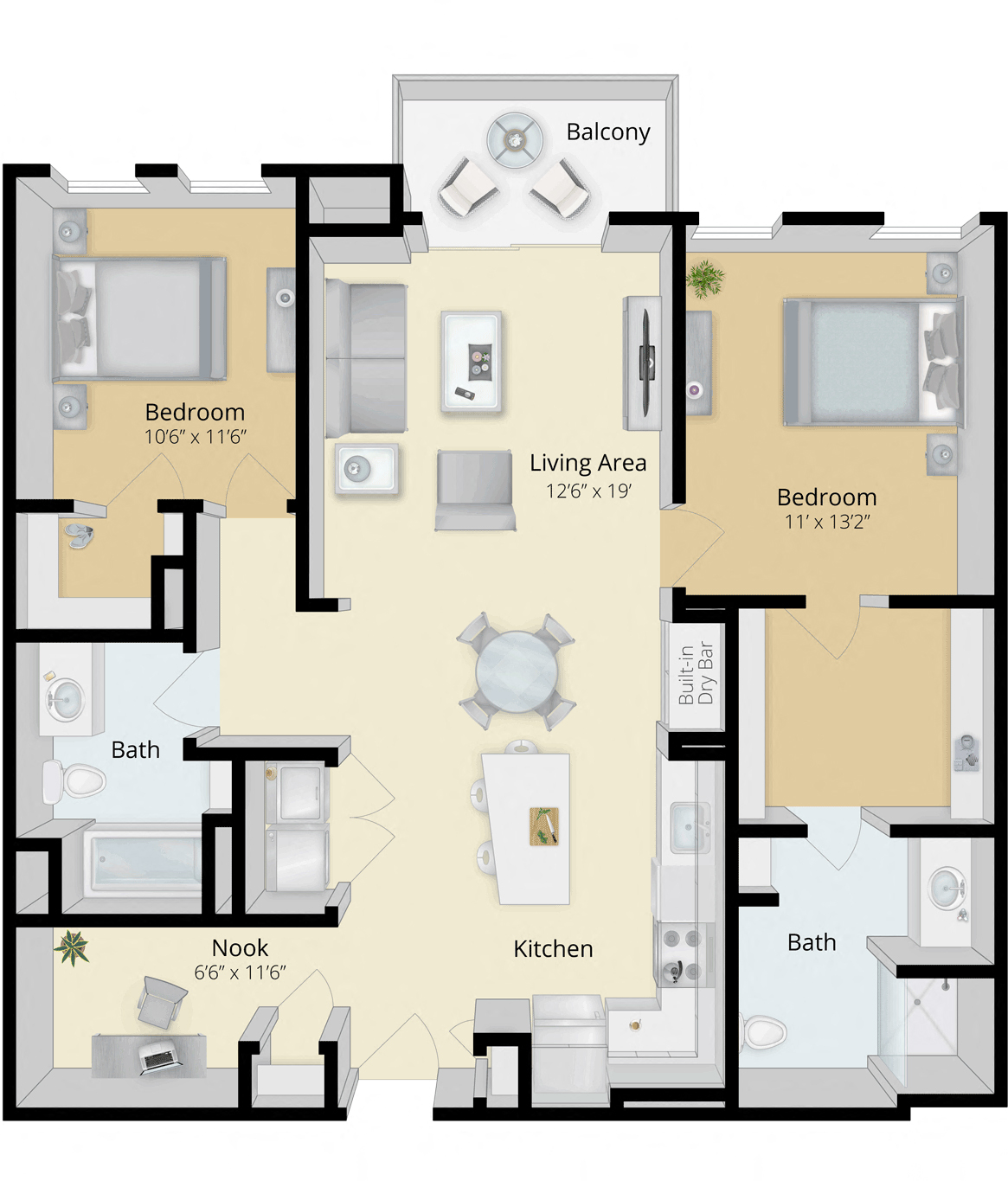 Floor plan for 2 beds, 2 baths, 1184 sqft