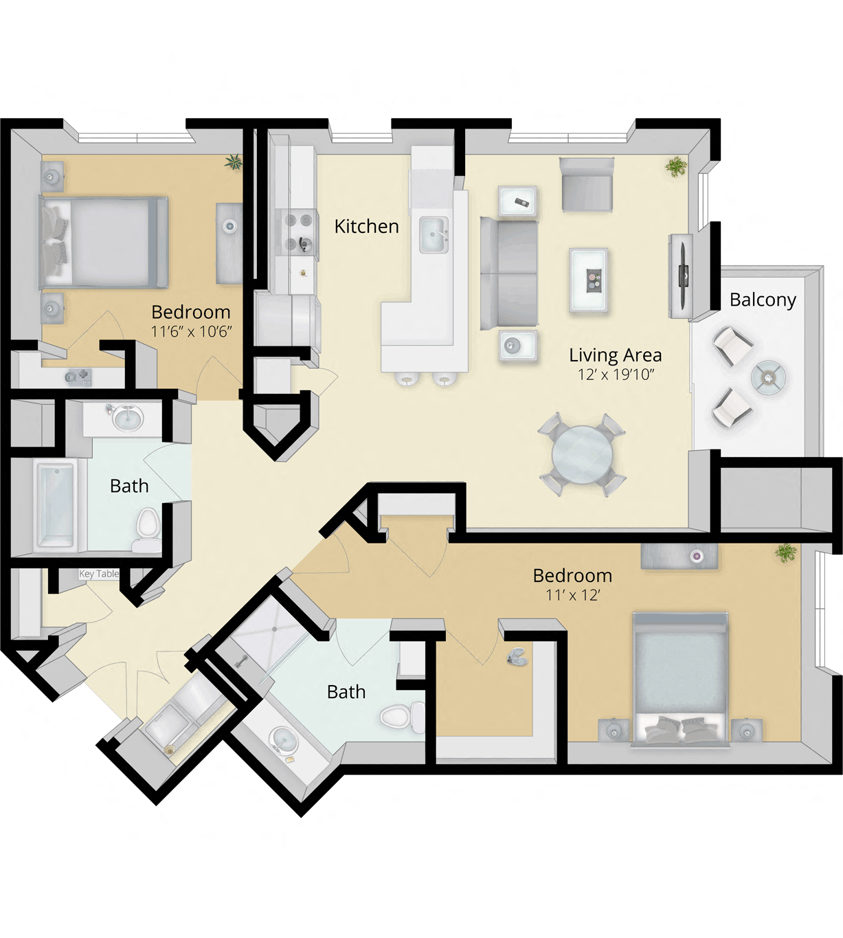 Floor plan for 2 beds, 2 baths, 1188 sqft
