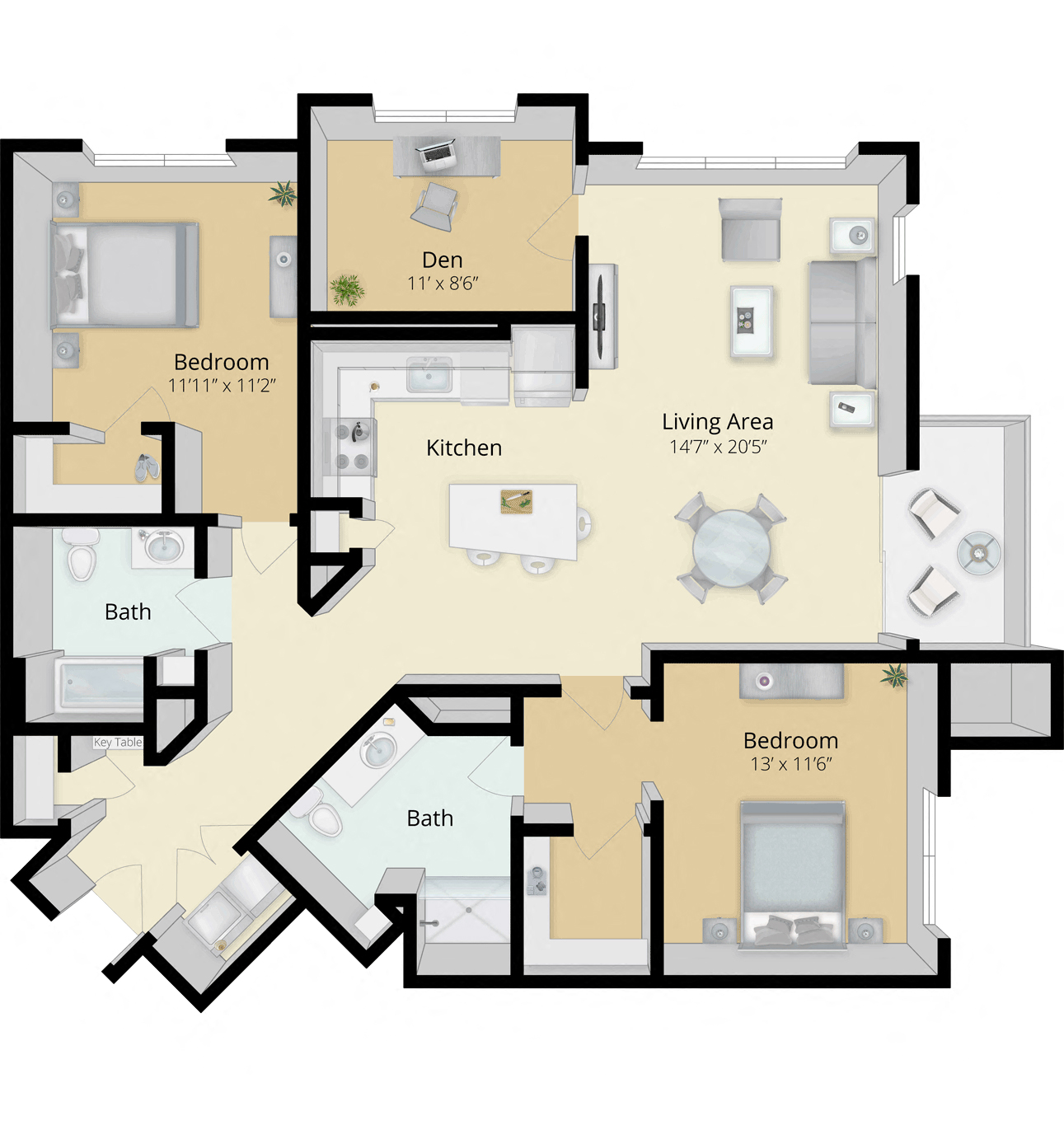 Floor plan for 2 beds, 2 baths, 1404 sqft