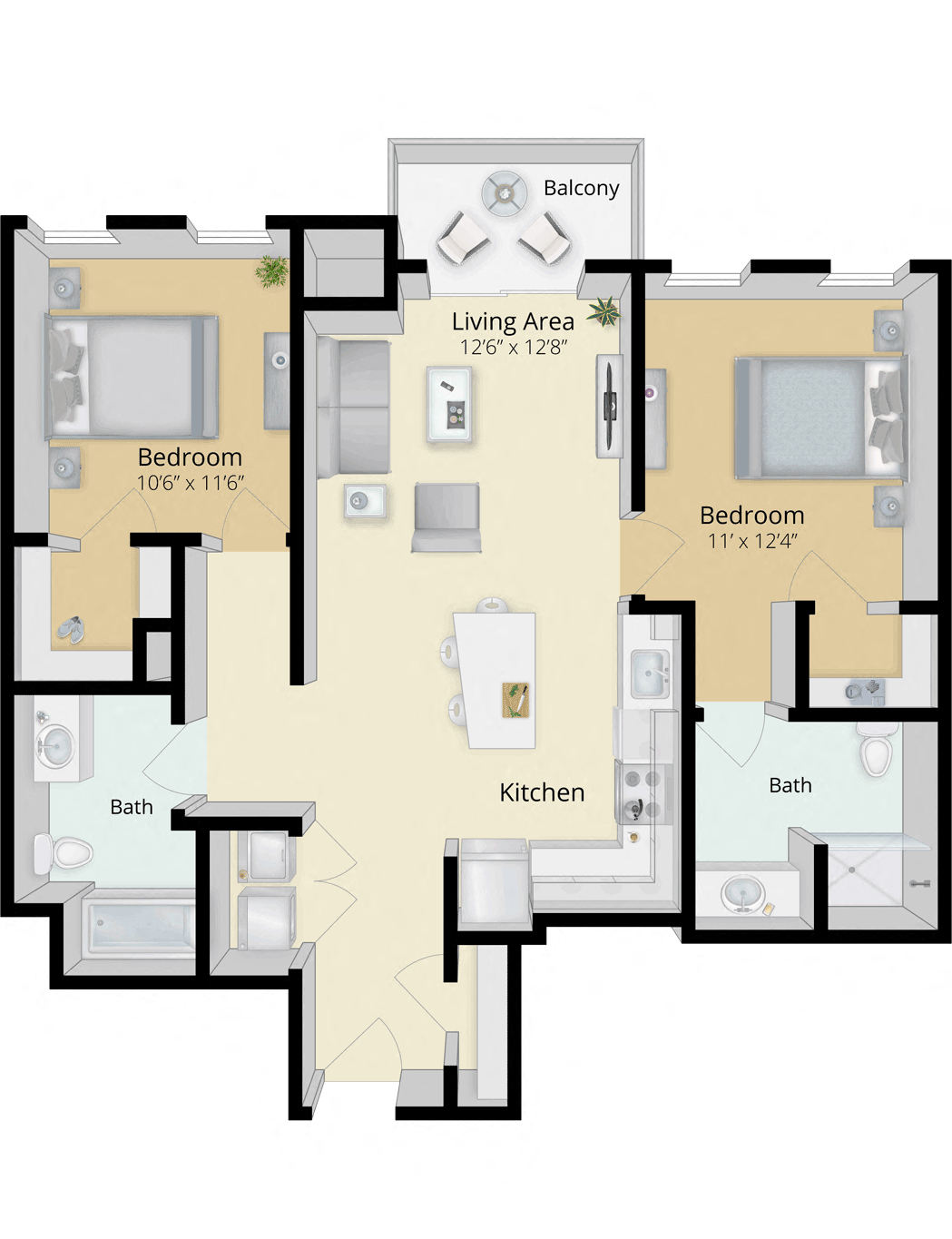 Floor plan for 2 beds, 2 baths, 1020 sqft