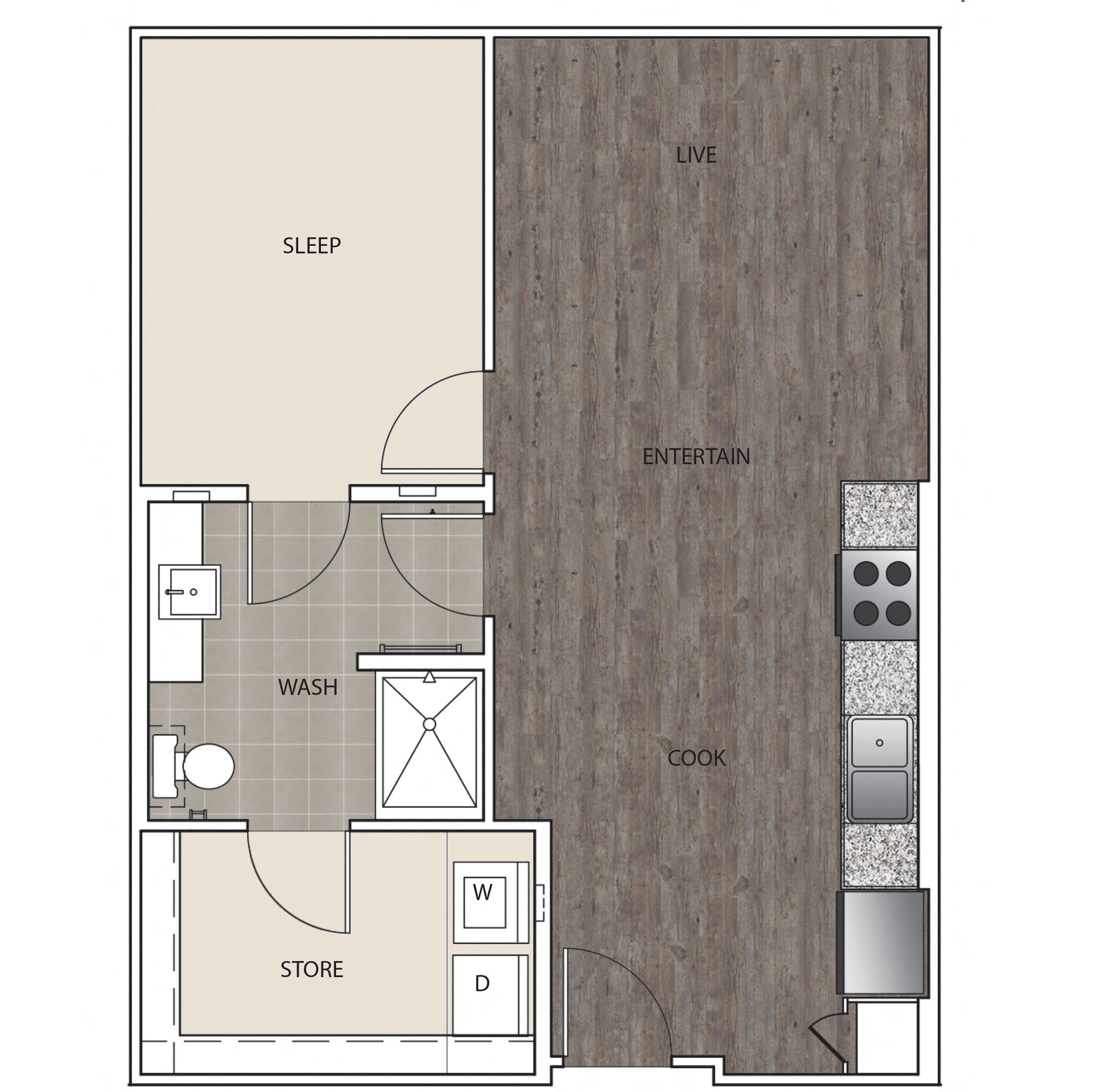 Floor plan for 1 bed, 1 bath, 658 sqft