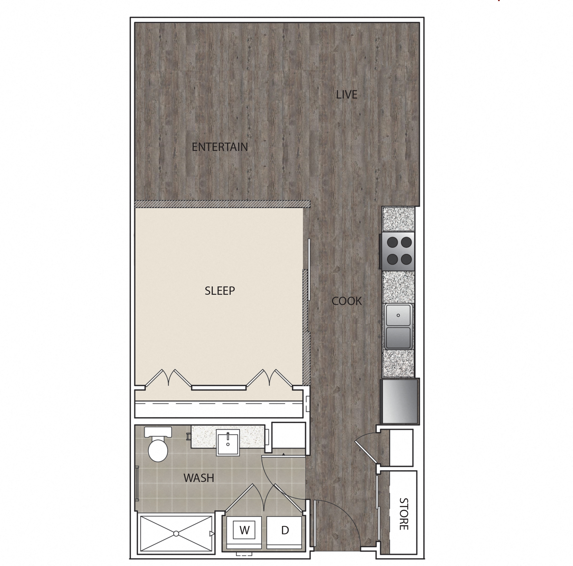 Floor plan for 1 bed, 1 bath, 663 sqft