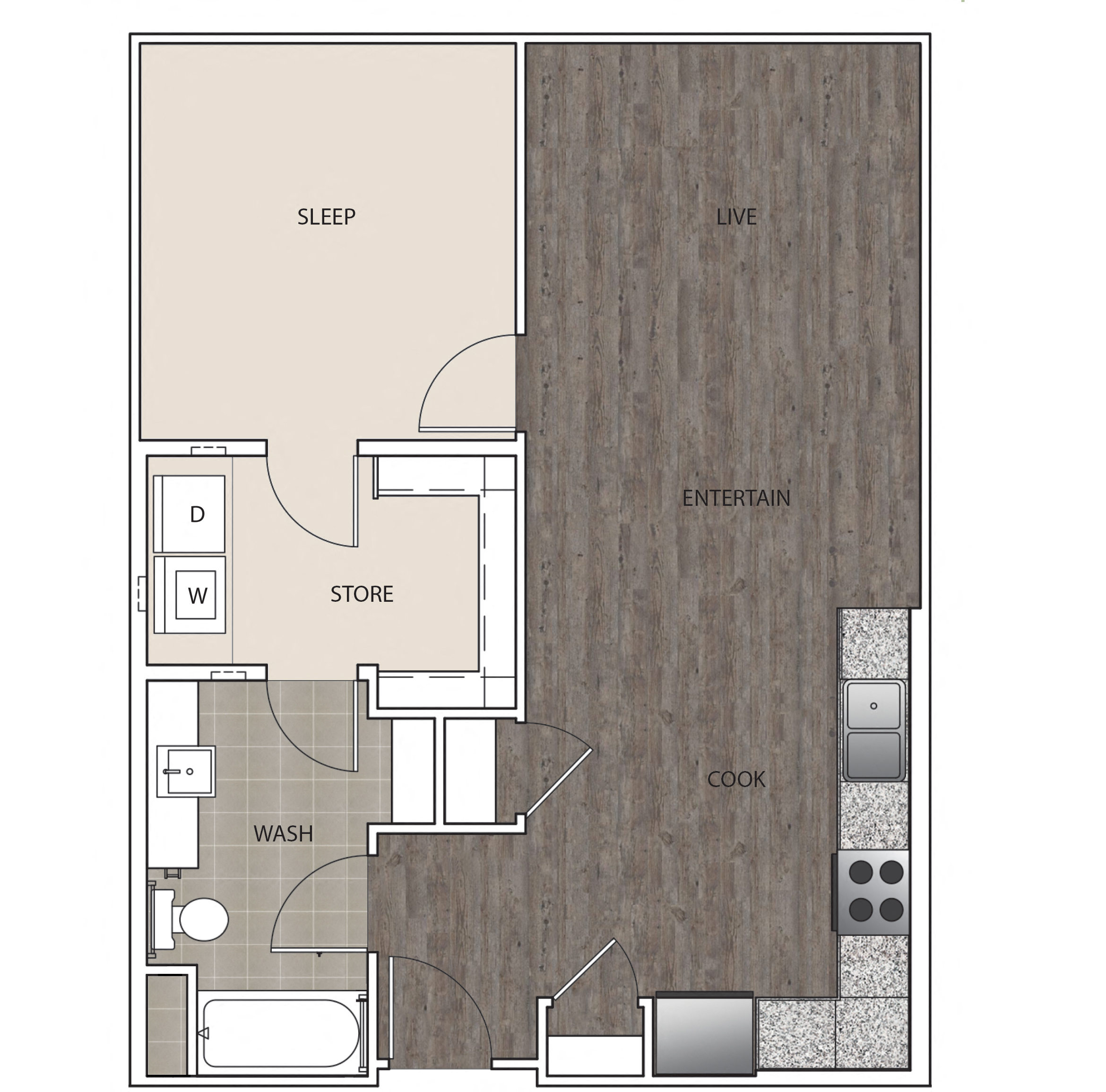 Floor plan for 1 bed, 1 bath, 726 sqft