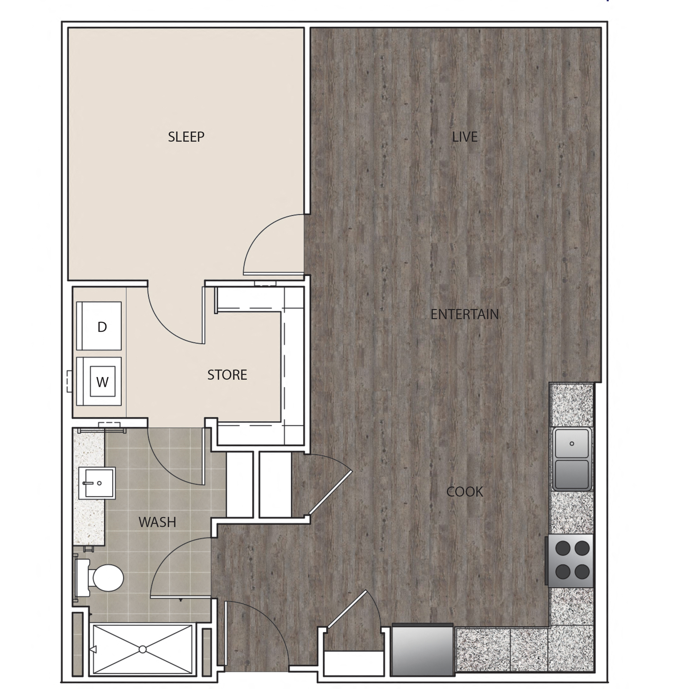 Floor plan for 1 bed, 1 bath, 788 sqft