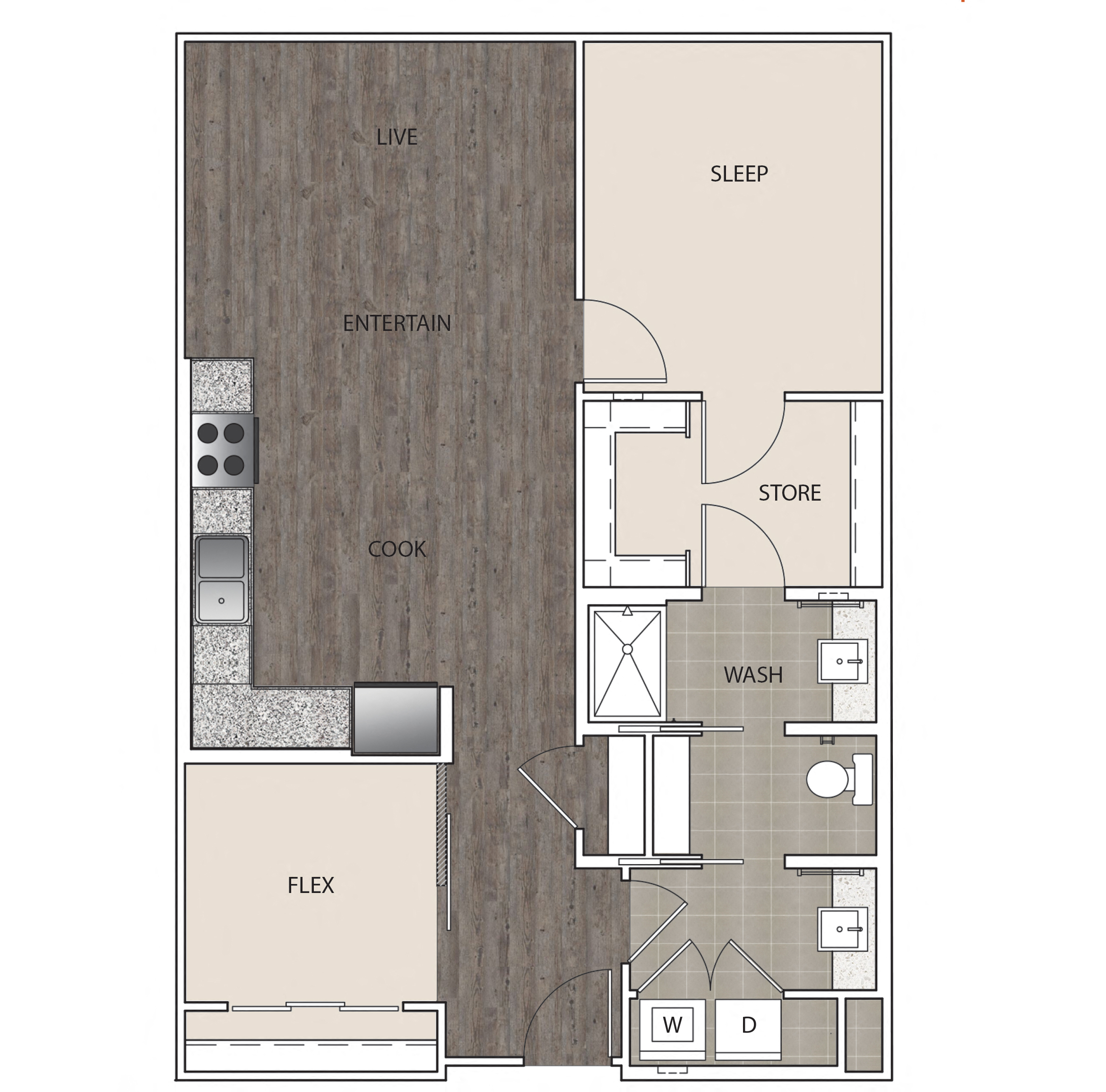 Floor plan for 1 bed, 1 bath, 880 sqft