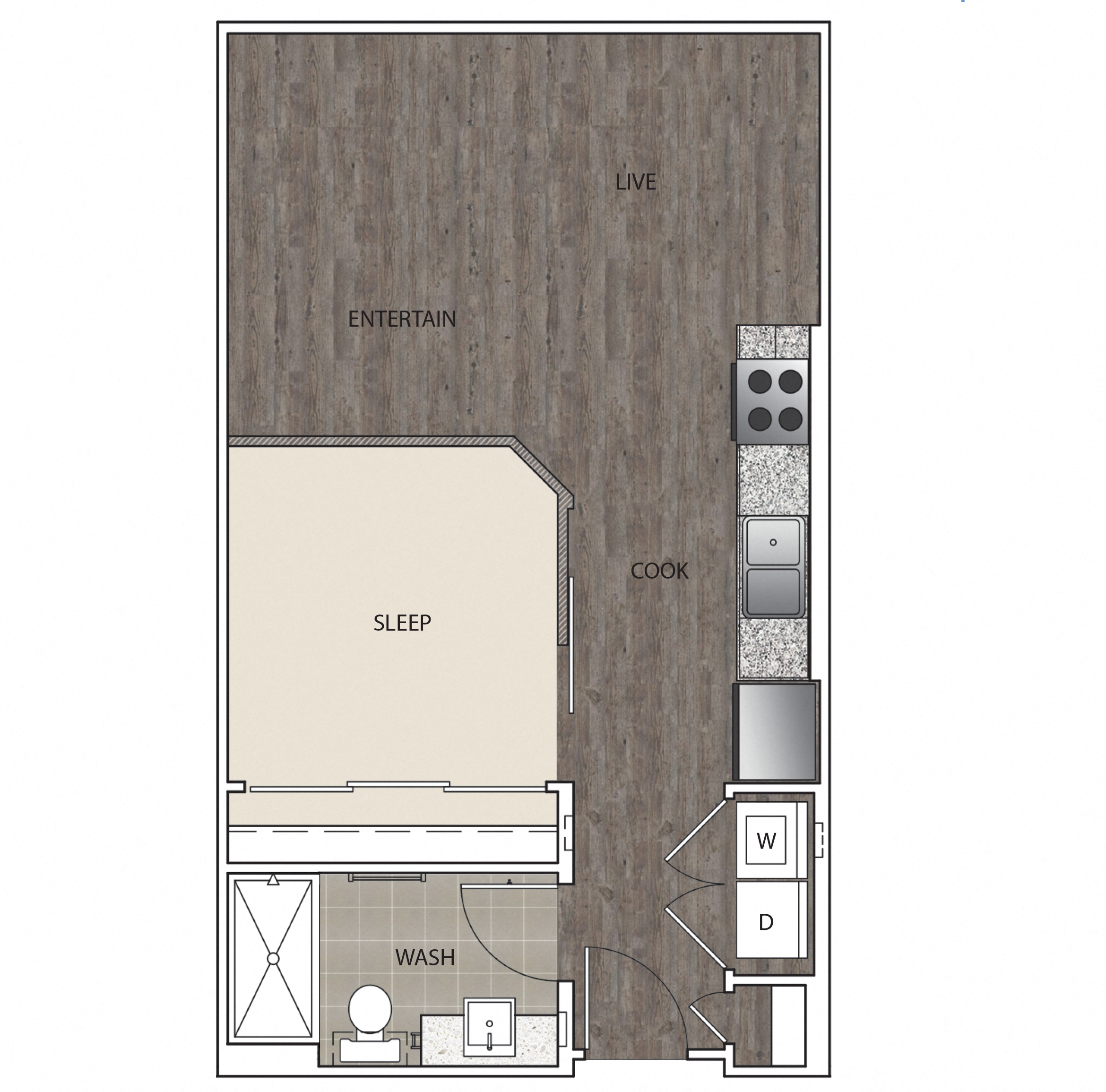 Floor plan for 1 bed, 1 bath, 566 sqft