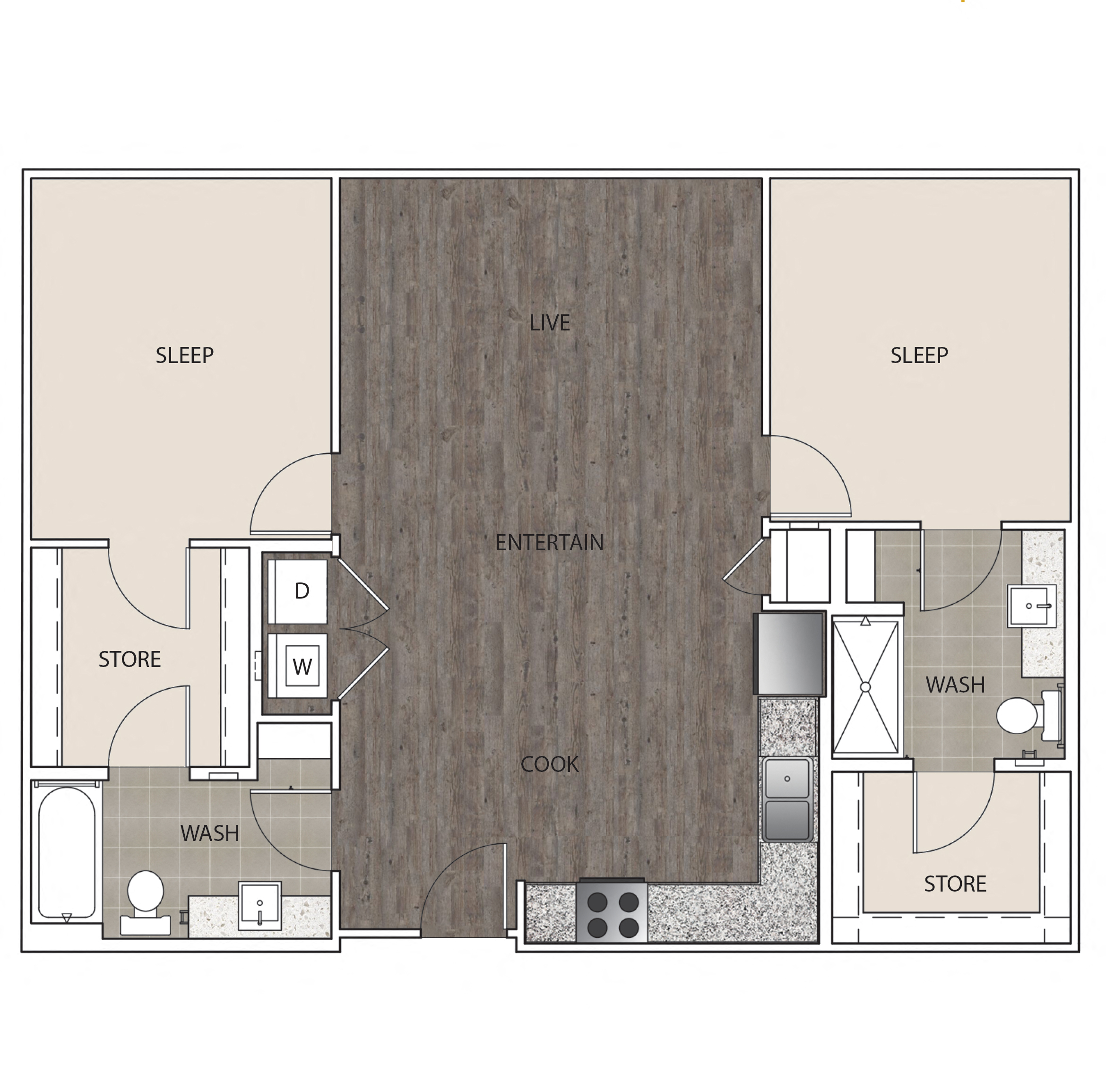 Floor plan for 2 beds, 2 baths, 1014 sqft