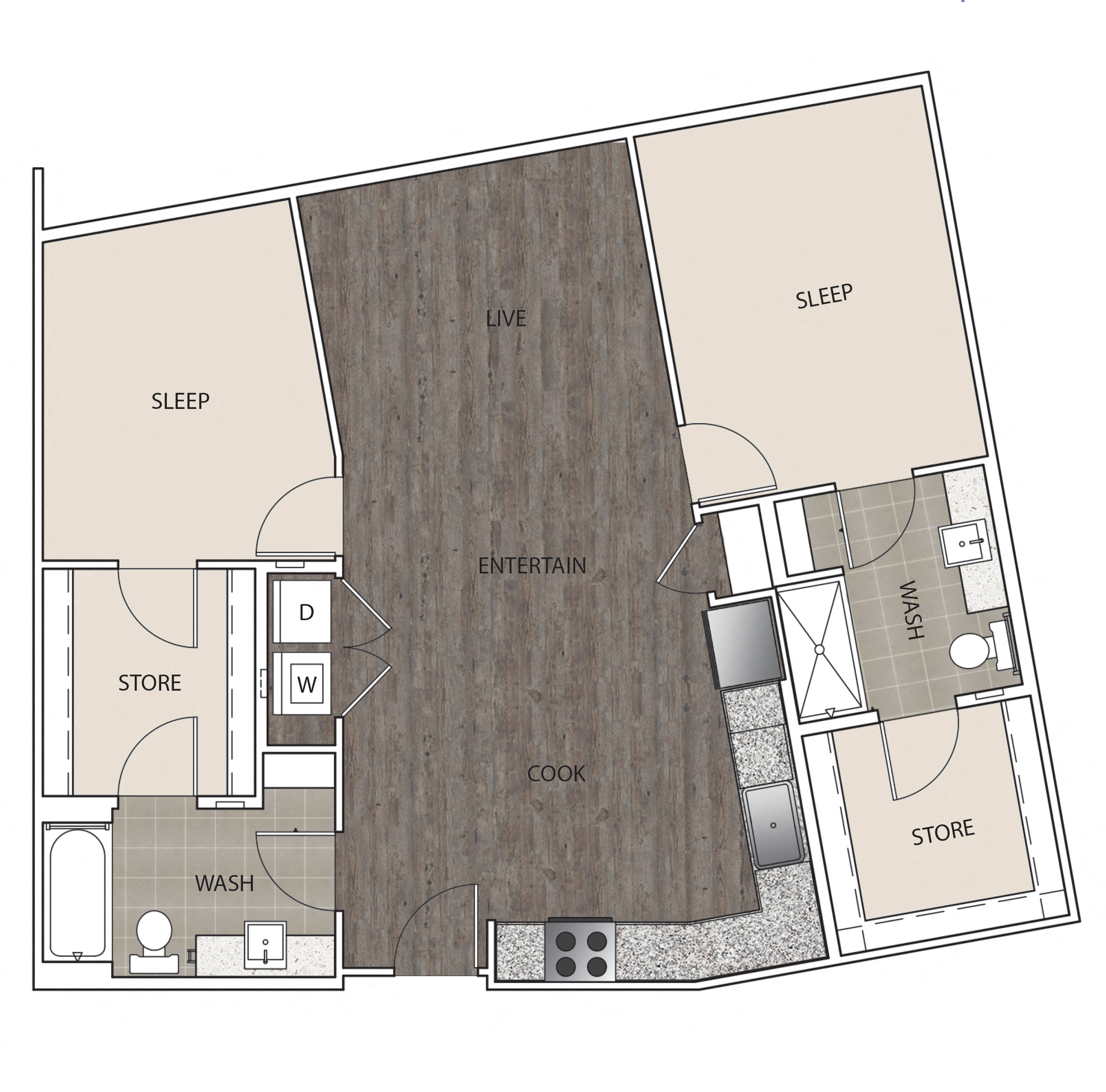 Floor plan for 2 beds, 2 baths, 1056 sqft