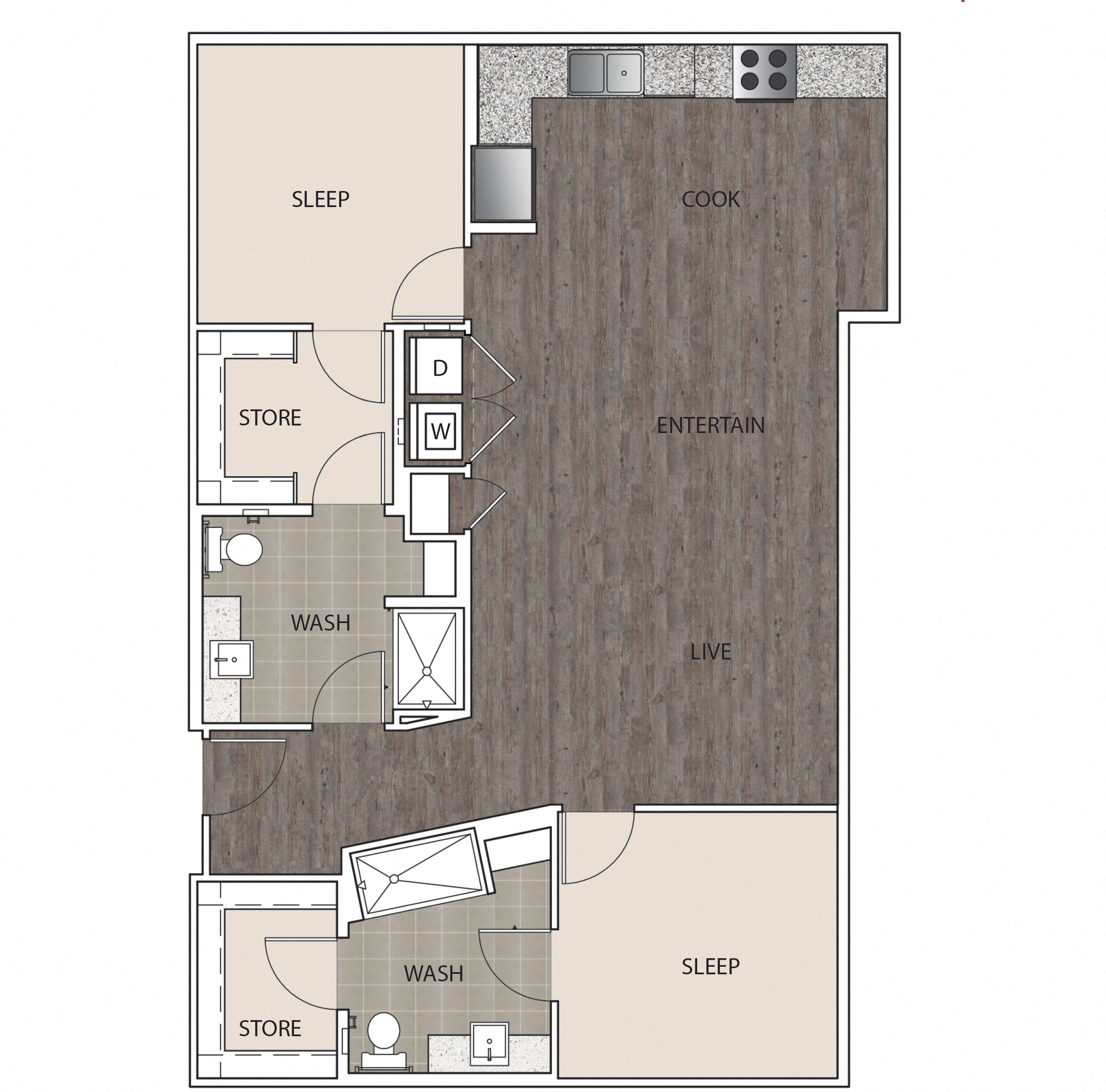 Floor plan for 2 beds, 2 baths, 1070 sqft