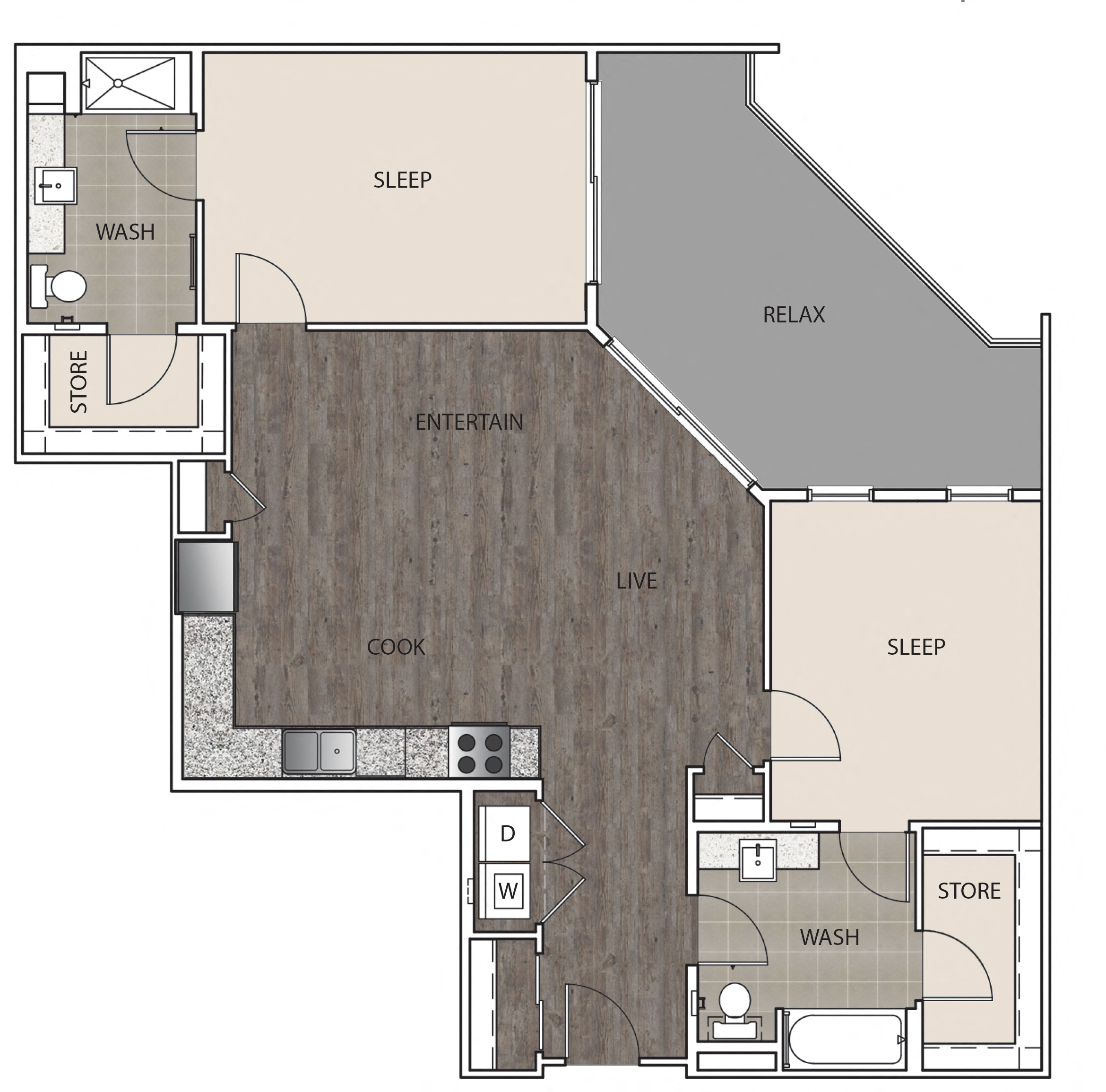 Floor plan for 2 beds, 2 baths, 1168 sqft