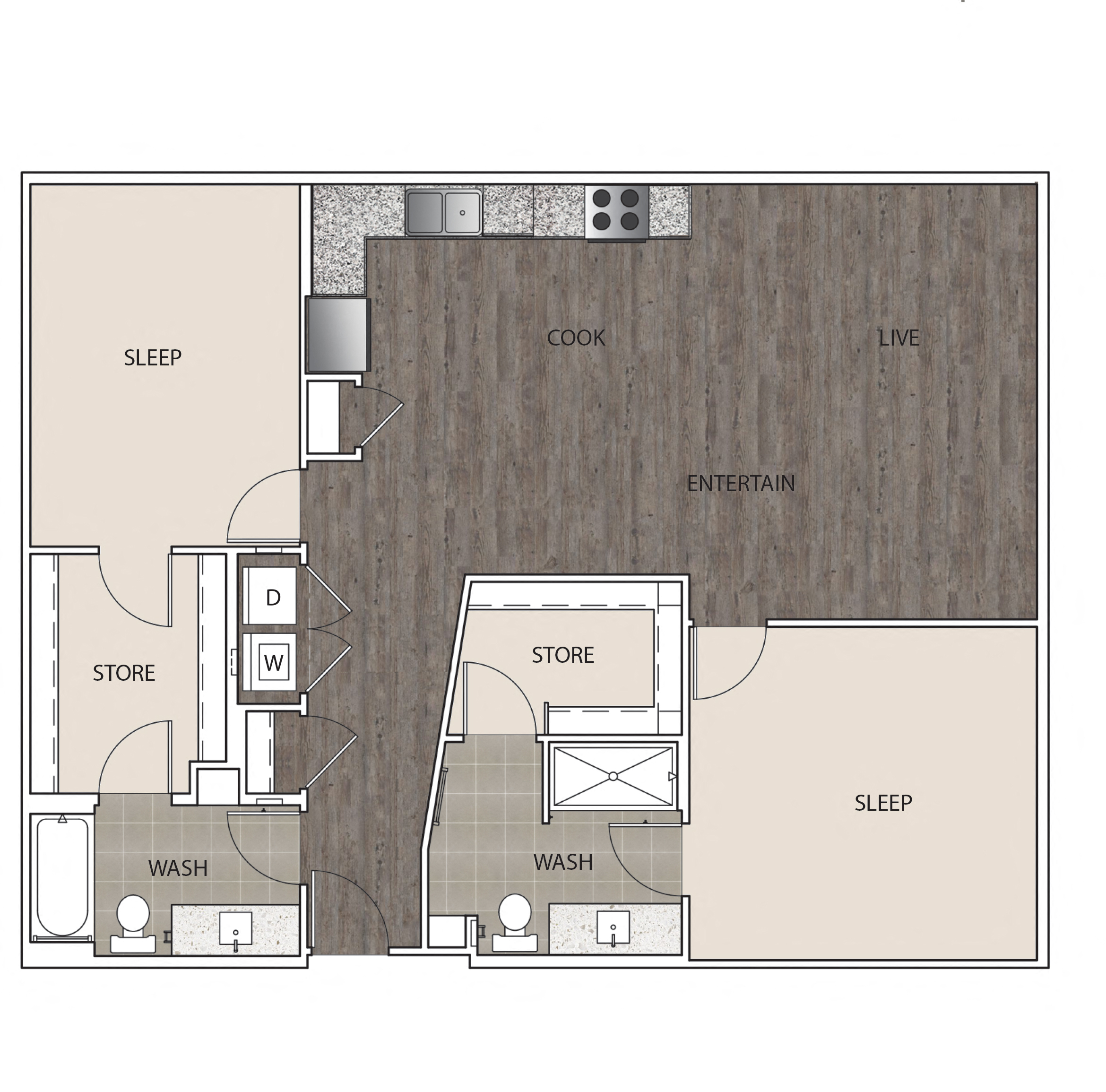 Floor plan for 2 beds, 2 baths, 1204 sqft