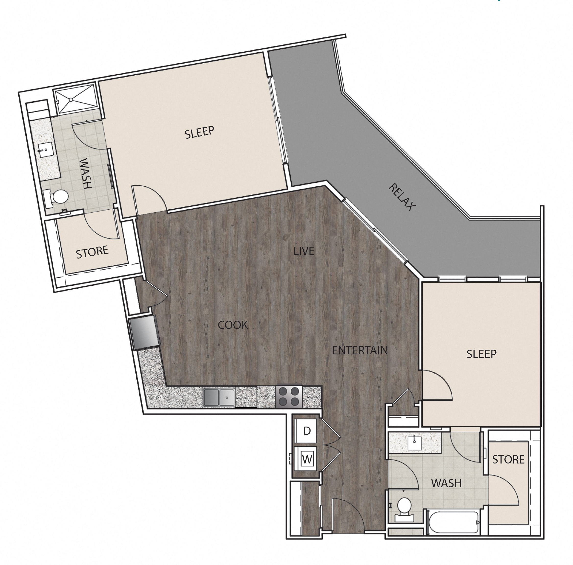 Floor plan for 2 beds, 2 baths, 1289 sqft
