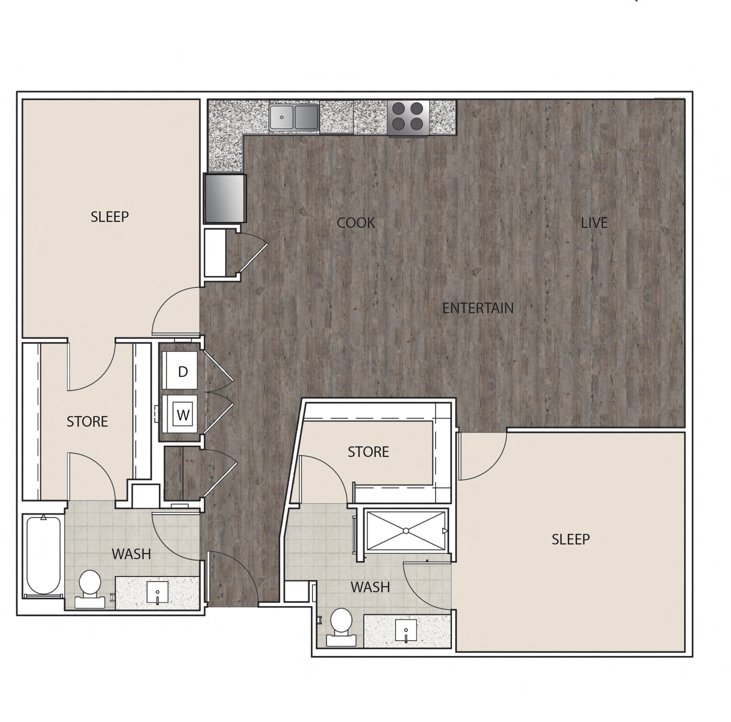 Floor plan for 2 beds, 2 baths, 1292 sqft