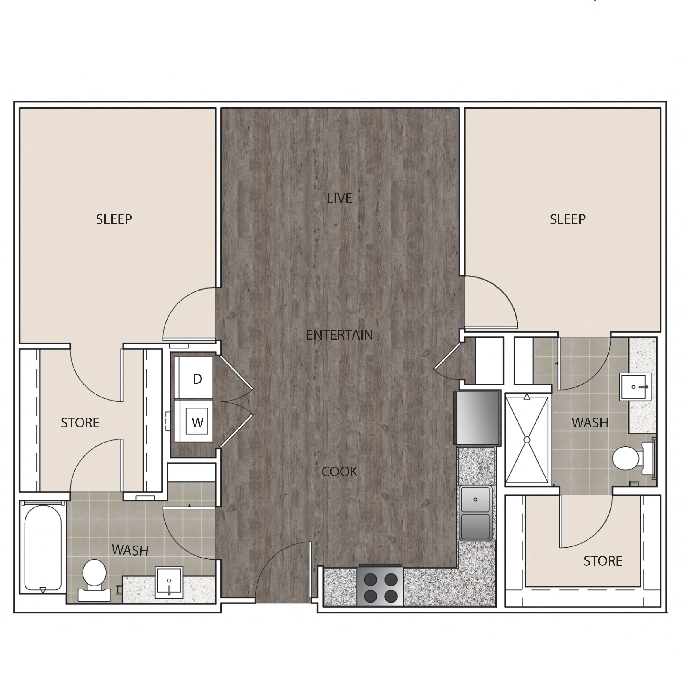 Floor plan for 2 beds, 2 baths, 960 sqft