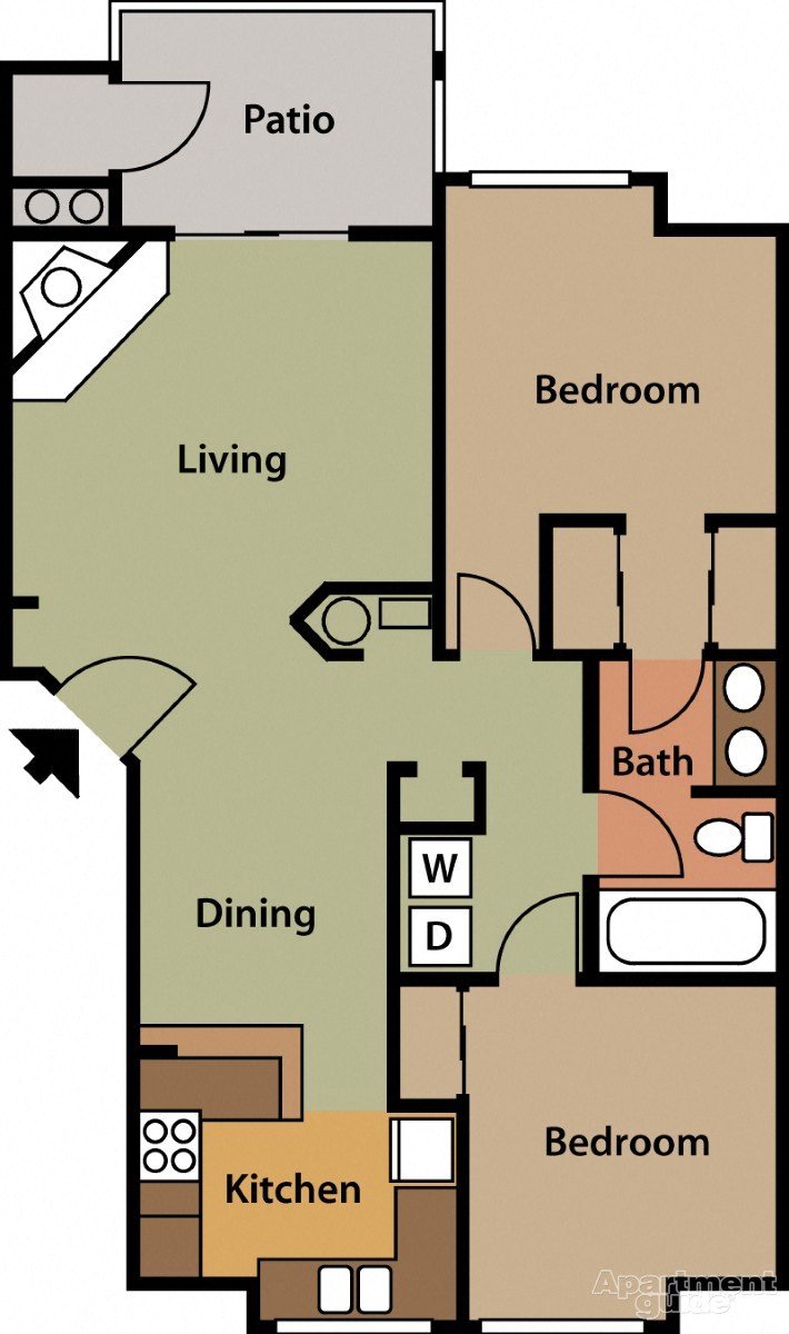 Floor plan for 2 beds, 1 bath, 956 sqft