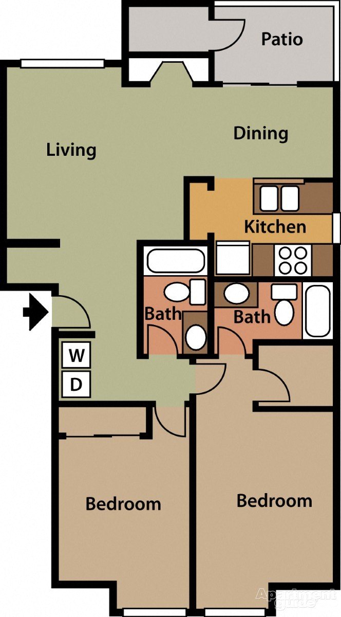Floor plan for 2 beds, 2 baths, 1027 sqft