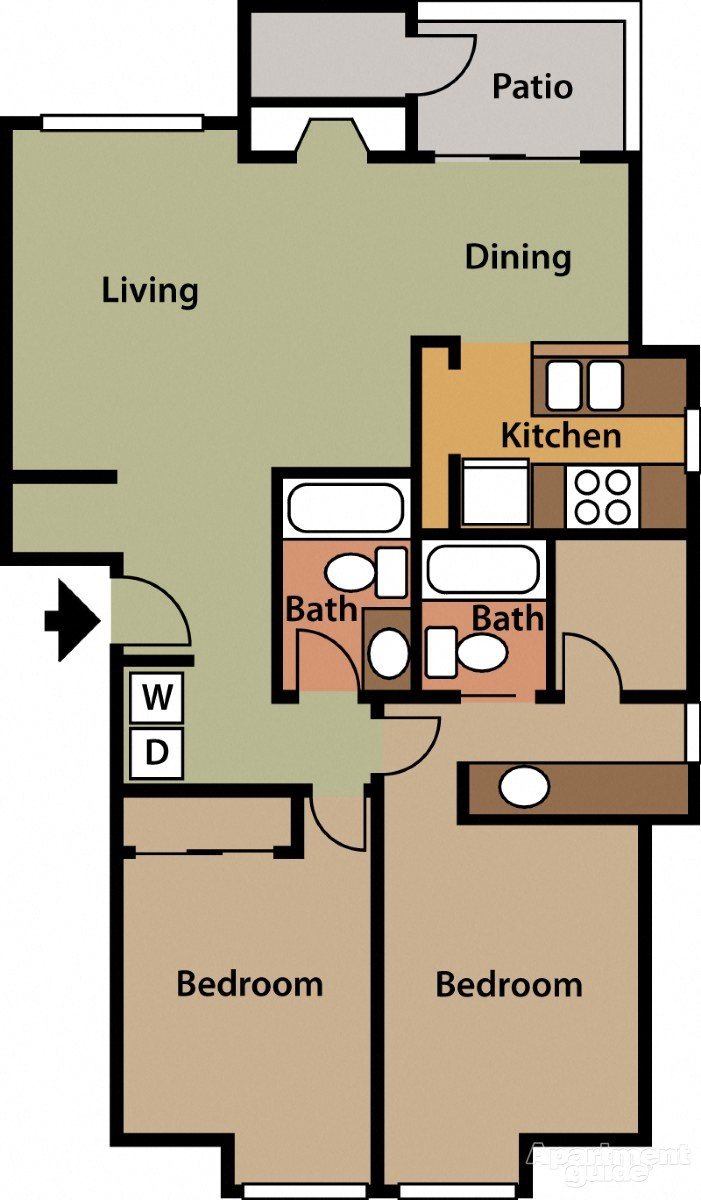 Floor plan for 2 beds, 2 baths, 1067 sqft