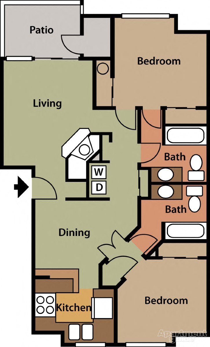 Floor plan for 2 beds, 2 baths, 1074 sqft