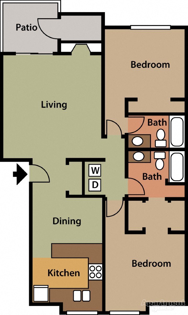 Floor plan for 2 beds, 2 baths, 1076 sqft