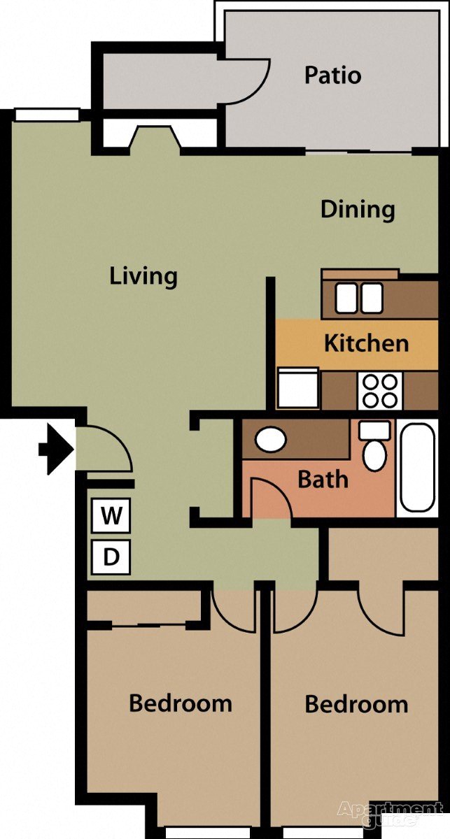 Floor plan for 2 beds, 1 bath, 878 sqft