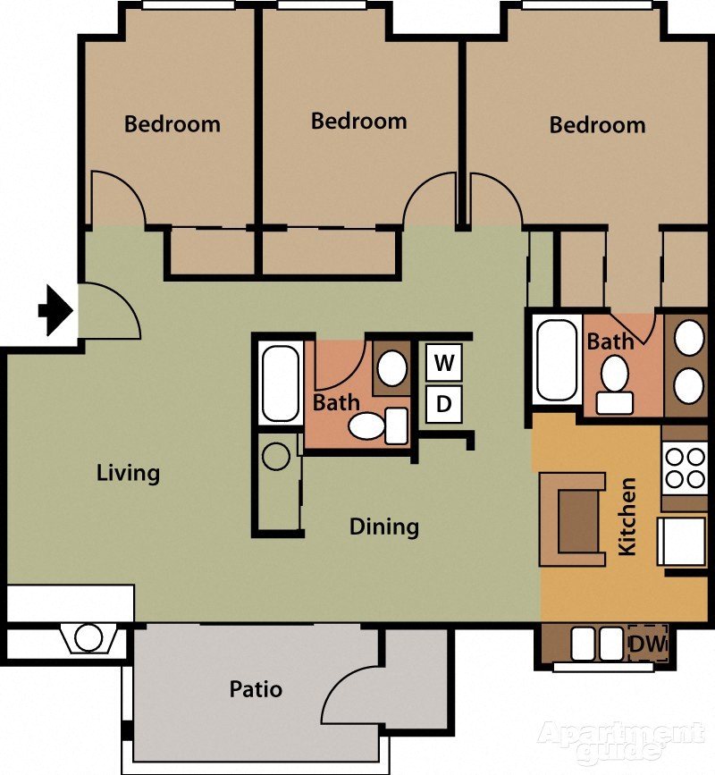 Floor plan for 3 beds, 2 baths, 1248 sqft