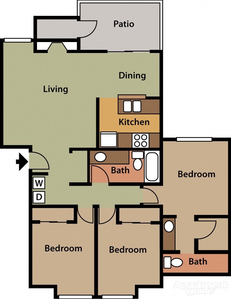 Floor plan for 3 beds, 2 baths, 1109 sqft